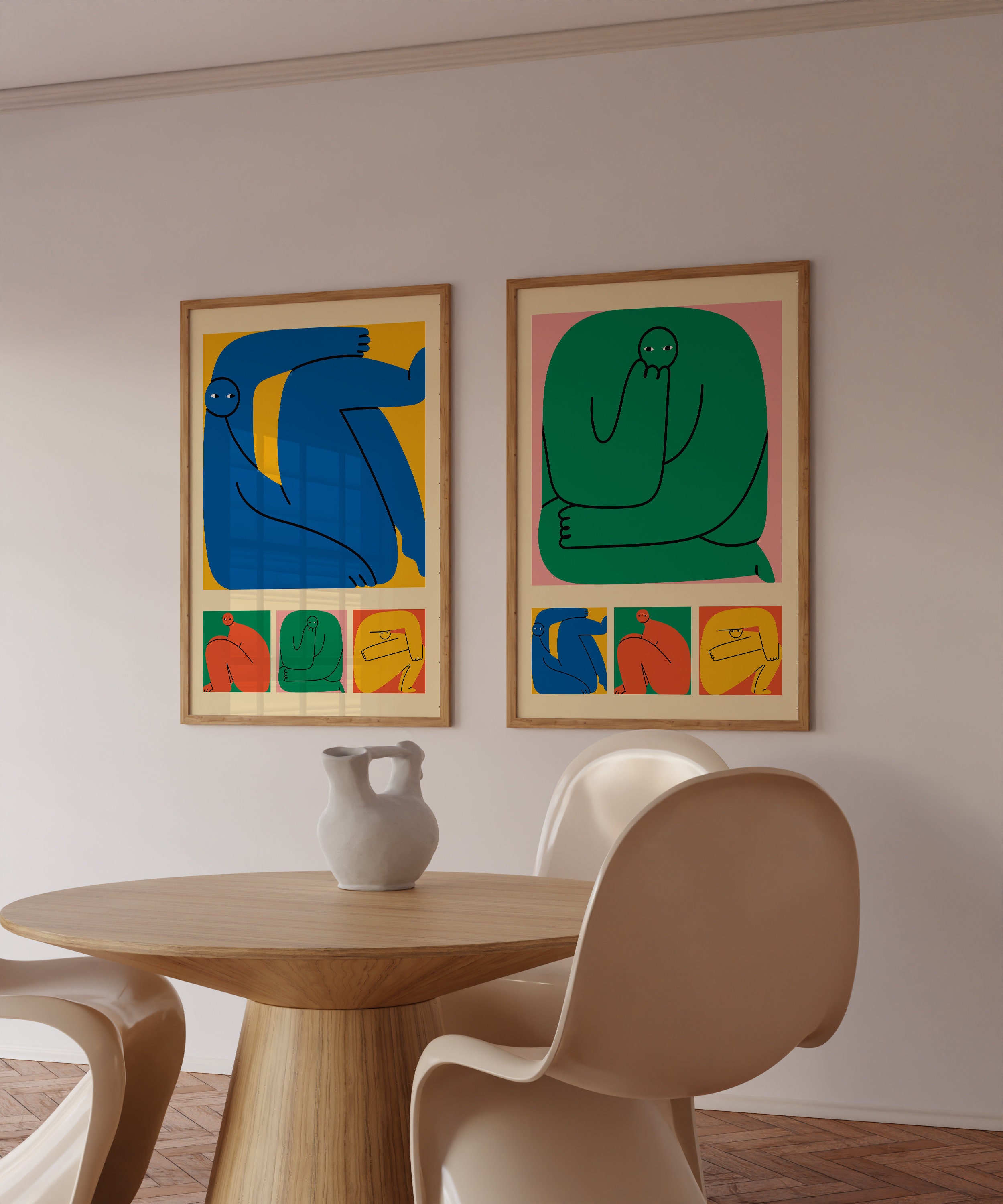 Graphic Wall Art 2 Set Bold Retro Figure Prints Matisse Style Portrait