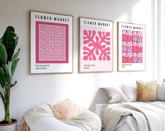 Op Matisse geïnspireerde bloemenmarktprintset: abstracte roze bloemenmuurkunst (digitale download