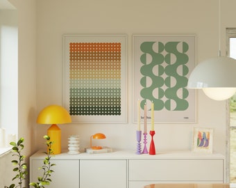 Green Abstract Print Set of 2 Midcentury Modern Wall Art Sage Bauhaus Poster Green Circle Orange Printable Wall Art