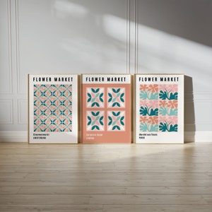 Retro Blooms: Matisse Cut Out Flower Market Print Set of 3. Abstract Green Floral Artwork. Modern Earth Tones Poster.