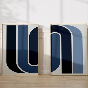 Mid Century Modern Print Set Blue Abstract Decor Geometric Lines Wall Art Digital Download