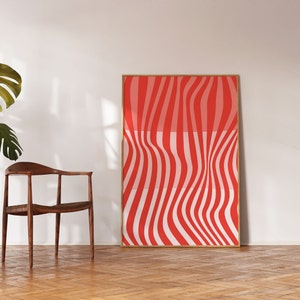 Impresión Bauhaus roja abstracta de líneas onduladas, arte de pared imprimible, póster retro abstracto de líneas onduladas modernas de mediados de siglo.
