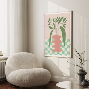 Póster de jarrón abstracto rosa y verde con estampado de flores retro, arte mural botánico verde, impresión de flores escandinavas, descarga digital