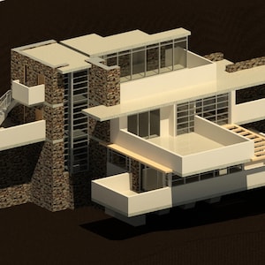 Könnte beinhalten: Ein weißes, modernes, mehrstöckiges Haus mit einer Steinfassade und großen Fenstern. Das Haus hat mehrere Balkone und ein Flachdach.