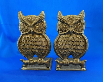 Pair of Solid Brass Bookends Owls. Vintage 1970s. Heavy and strong.