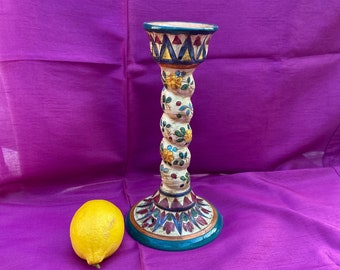 Antique Sicilian Ceramic Lamp Base Hand Painted Majolica Deep Etching Ready for Rewiring Table Lamp OOAK