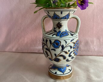 Vintage Enamel & Gold Trim Ceramic Vase Handmade by Manousakis Ceramics in Rhodos, Greece. Small Amphora with Handles.