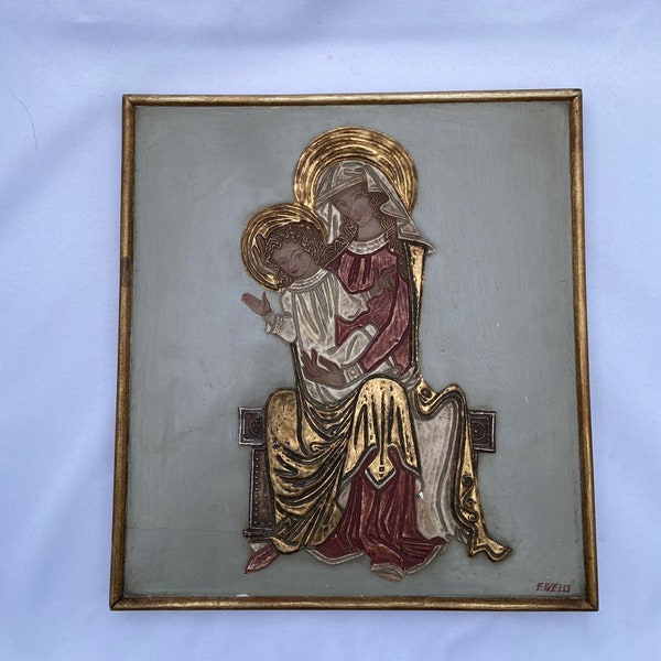 Vintage Relief Malerei Heilige Maria und Jesuskind Emaille auf Holz 24 K Vergoldung. Signiert F. Weiss
