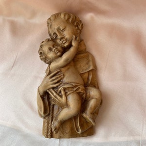 Vintage Hand Carved Maple Wall Sculpture: Saint Anthony with Christ Child