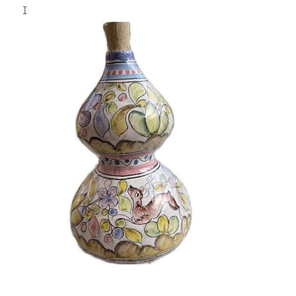 Vintage portugiesische Keramik-Karaffe, Öl-Dekanter,  handbemalt, mit Korken, 1974, Signiert, Coimbra, Majolika, Glasiert, Florales Design