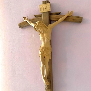 Large Hand Carved German Crucifix: Vintage Christian Wall Decor
