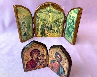 Pair of Vintage German Travel Shrines / Mini Icons, Handmade