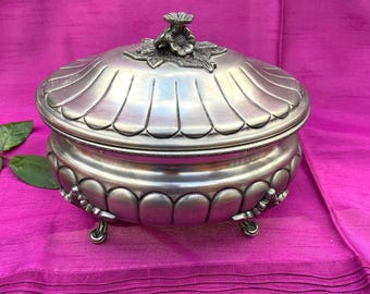 Large Vintage German Pewter Tureen with Lid,  Decorative Lidded Serving Bowl on Feet