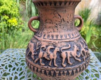 Mid-Century West German Jasba Aztec Vase. Model N801-11-16. Neolithic Creatures &quot;Antique Range&quot; WGP Jug Vase Bas-Relief 17 cm / 7&quot; H