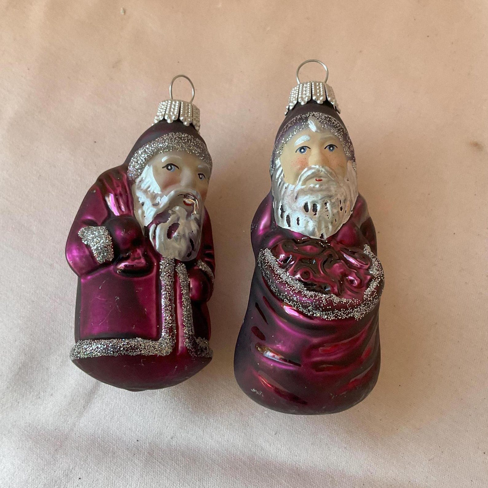 Vintage Pair of German Mouth-Blown Mercury Glass Christmas Tree Ornaments - Rare Santa / Father Christmas Figurines By Lauscha Glass. 8 cm