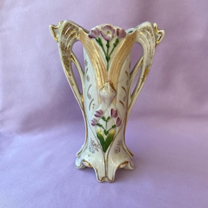 Small Antique German Art Nouveau Porcelain Vase. Hand Painted with Gold Trim. 17 cm / 6.7" H