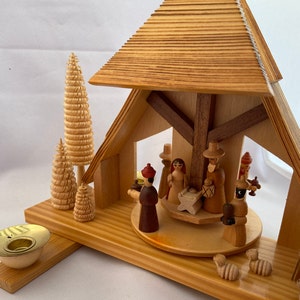 Vintage Erzgebirge Table Pyramid Birth of Christ Woodworking Art. Candle Driven Rotating Center. East German GDR. image 1