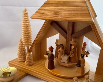 Vintage Erzgebirge Table Pyramid Birth of Christ Woodworking Art. Candle Driven Rotating Center.  East German (GDR).