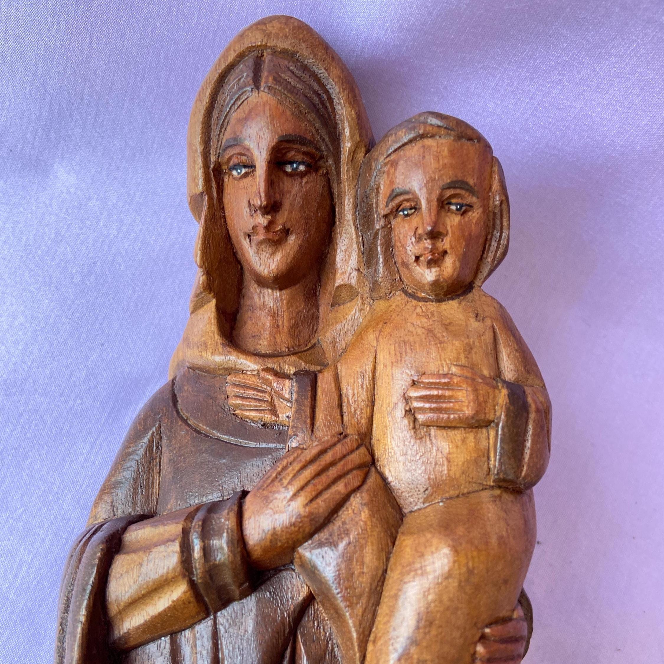 ヴィンテージの手彫り聖母子像、着色木製、高さ31cm - Etsy 日本
