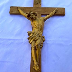 Hand Carved Wood Crucifix: Large Vintage Italian Religious Carving, 55 cm