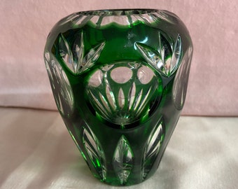 Vintage Nachtmann Cut Crystal Green Overlay Glass Vase Bamberg Design.  Small German- made flower vase.