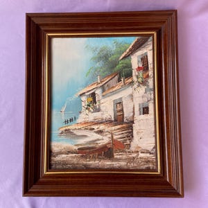 Vintage Italienisches Ölgemälde am Meer: 1950er Jahre Fischerdorf, signiert