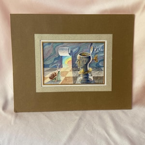 Acuarela surrealista alemana original, firmada por el artista, con paspartú, 1979. Cabeza a cuerda.