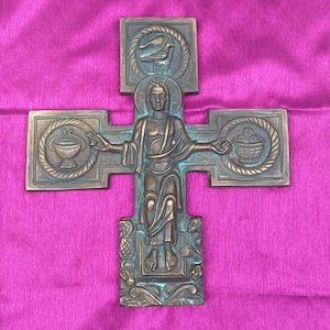Antique Bronze Bas-Relief Crucifix: Eucharist Symbols, ca. 1900