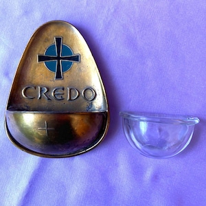 Vintage Brass Holy Water Basin: Enamel CREDO Cross, Mid-Century Home Altar