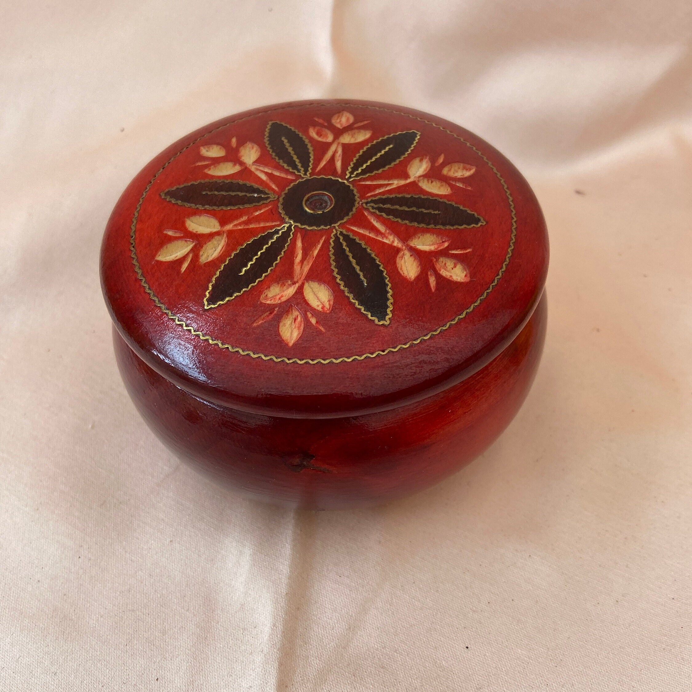 Vintage Polish Folk Art Small Round Wooden Lidded Red