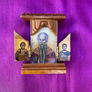 Vintage Wooden Travel Triptychon Orthodox Replica Icons, Elaborately Hand Carved Hinged Doors and Roof, Mini Altar for Home or on the Road