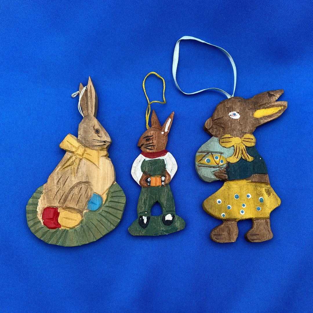 3 Vintage Handmade Wooden German Easter Decorations. Hand Painted Easter Bunnies Made for