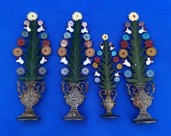 Set of 4 Hand Painted German Pewter Figurines.  Baroque Amphora Vase with Multi-Colored Flowers. Celebration of Spring and Blossoming Life.