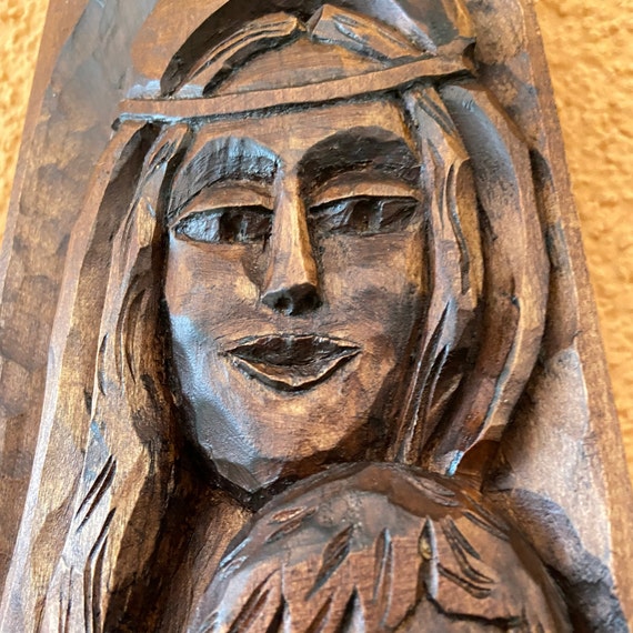Antique Expressionist Polish Wood Carving Madonna and Child. 1920s Wall Plaque.