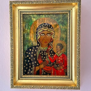 Antique Icon Painted on Back of Glass - Madonna & Child in Luxurious Wood Frame. Black Madonna of Czestochowa, Poland.