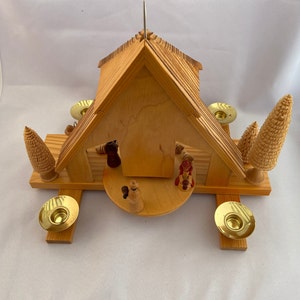 Vintage Erzgebirge Table Pyramid Birth of Christ Woodworking Art. Candle Driven Rotating Center. East German GDR. image 7