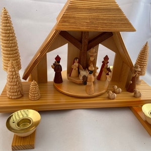 Vintage Erzgebirge Table Pyramid Birth of Christ Woodworking Art. Candle Driven Rotating Center. East German GDR. image 4