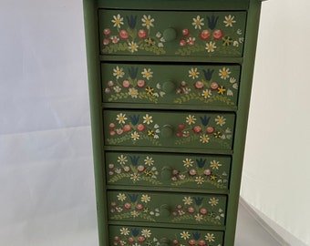 Vintage German / Bavarian Folk Art Hand Painted Jewelry Box Small Chest of Drawers for Trinekts Wall Mounted or Standing. OOAK.