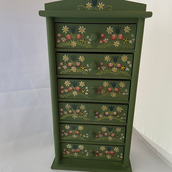 Vintage German / Bavarian Folk Art Hand Painted Jewelry Box Small Chest of Drawers for Trinekts Wall Mounted or Standing. OOAK.