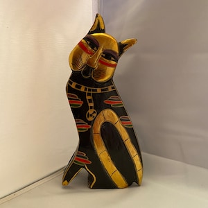 Vintage Laurel Burch Egyptian cat. Bastat. 1980s. Wooden black cat. Iconic design. Boho. Rare.  Collectible.