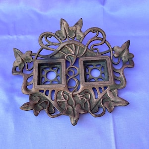 Antique French Art Nouveau Double Ink Well Holder, Decorative Bronze-Colored Desktop Organizer, Stamped