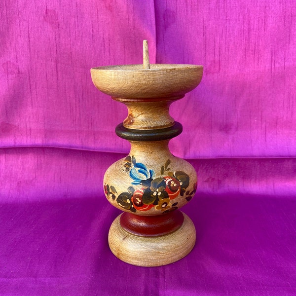 Tall Vintage Bavarian Hand Painted Wooden Candlestick, Candle Holder Bauernmalerei. German Folk Art. Cottage Style.