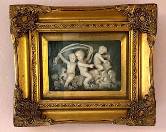 Antique Biggs & Sons Alabaster Bas-Relief Wall Art: 19th Century Cherubs in Elaborate Gilded Frame