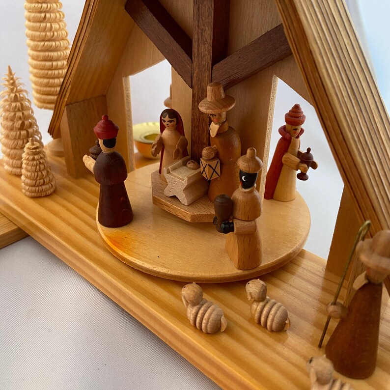 Vintage Erzgebirge Table Pyramid Birth of Christ Woodworking Art. Candle Driven Rotating Center. East German GDR. image 5