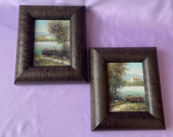 Vintage Original Italian Landscape Oil Painting on Wood. Artist Signed. Rustic Wooden Frame.