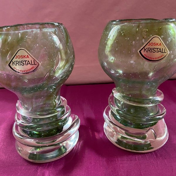 Pair of highly unusual, MCM mouth-blown wine glasses / crystal chalices by Joska Kristall, W. Germany. 70s. Rare. Unique.  Boho. Glass art.