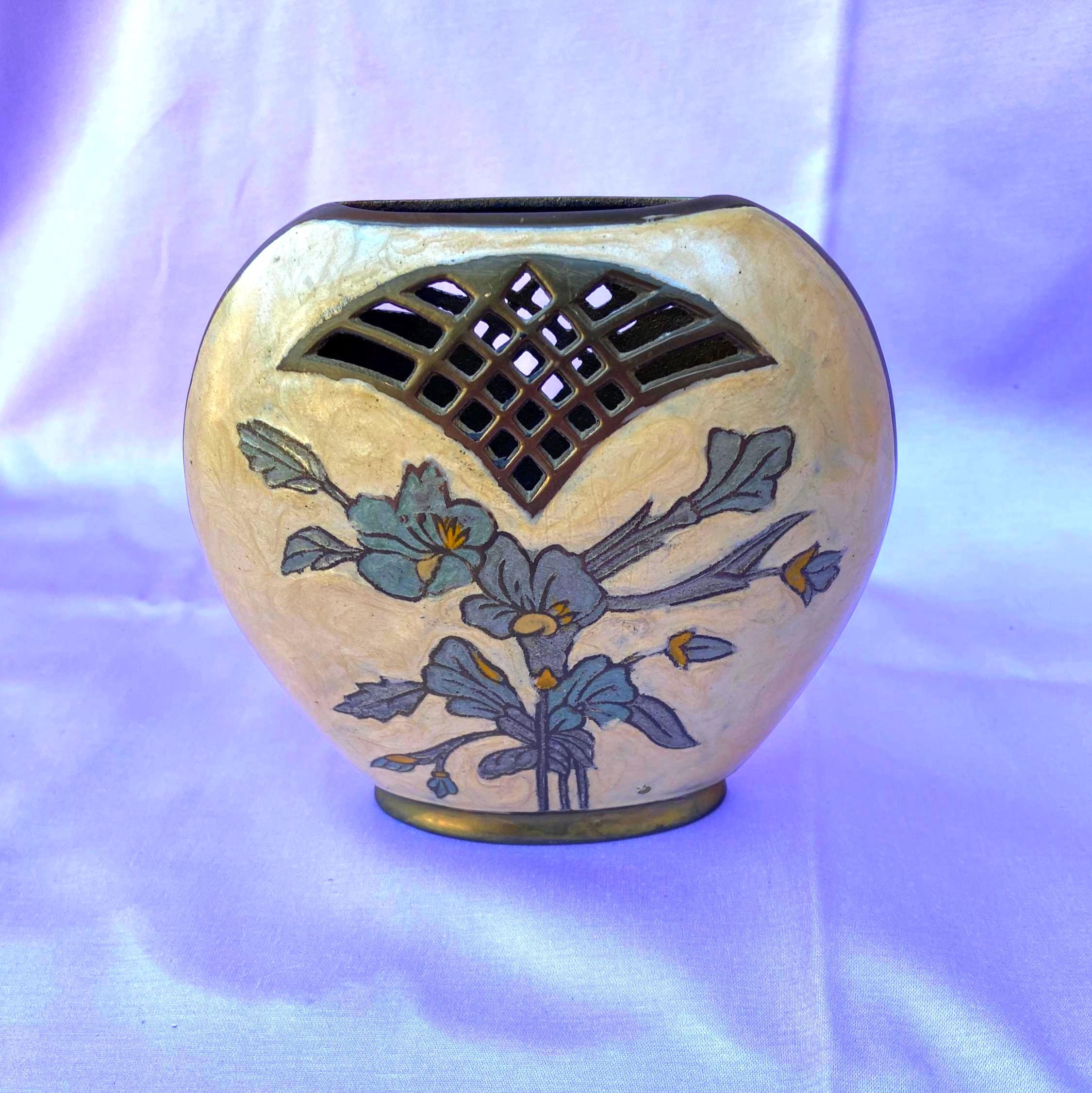 アールデコ調の小さなヴィンテージ真鍮&エナメル七宝花瓶 - Etsy 日本