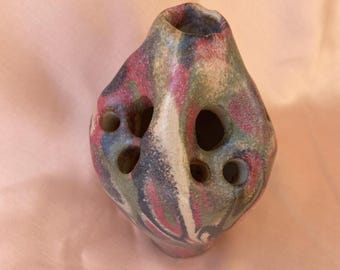 One of a Kind Vintage Handmade German Multi-Hole Multi-Colored Ceramic Vase for Flower Arrangments. Studio Pottery.