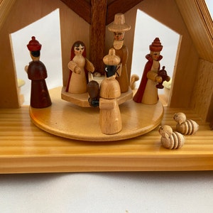 Vintage Erzgebirge Table Pyramid Birth of Christ Woodworking Art. Candle Driven Rotating Center. East German GDR. image 6