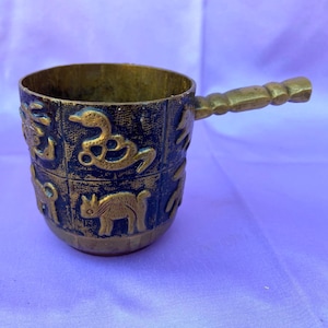 Antique Heavy Brass Ritual Object - Incense Burner with Handle. Chinese Horoscope Censer. Feng Shui. Wicca.